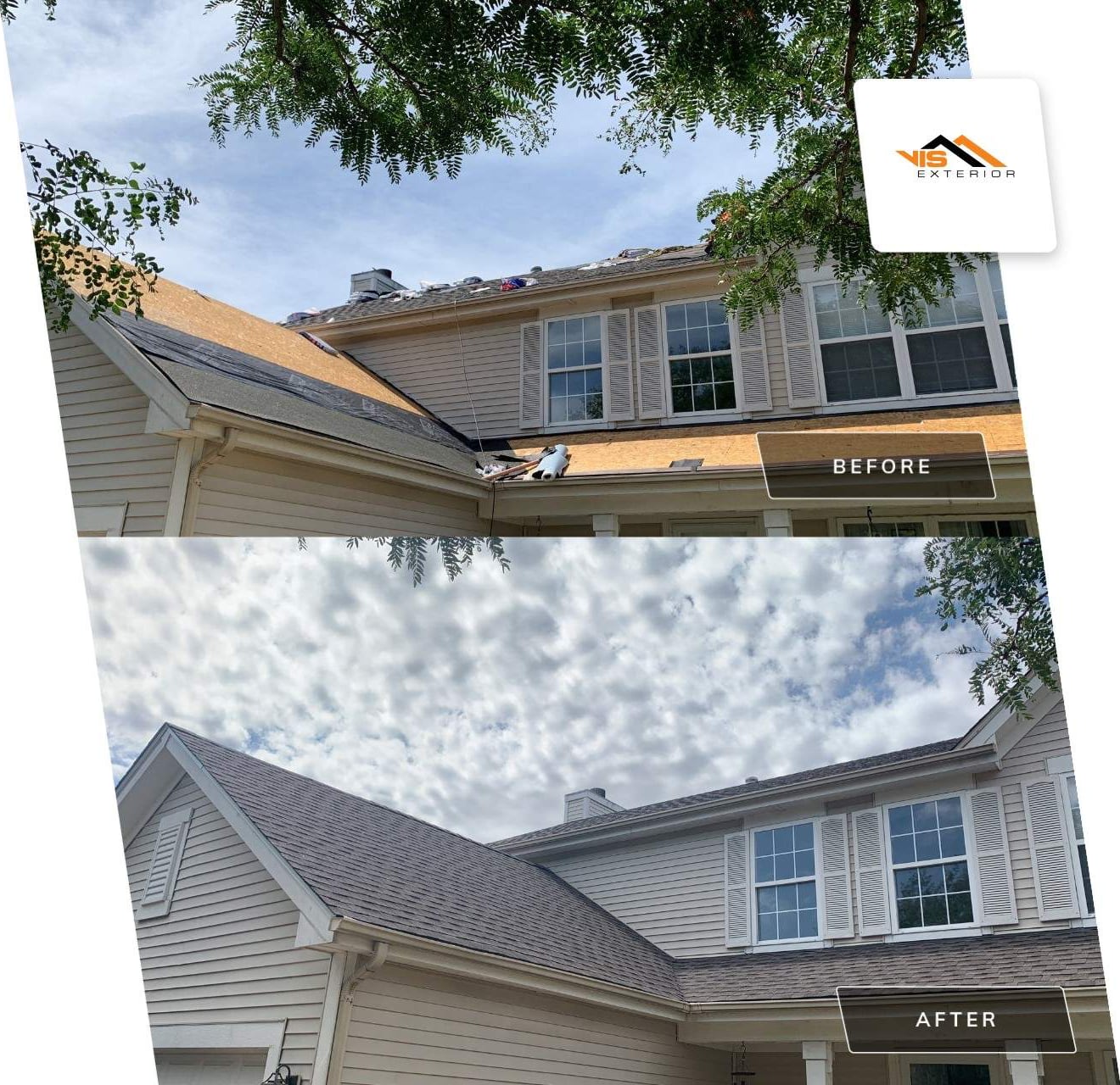 Complete roof and siding replacement after wind-damage in Plainfield before after project photo
