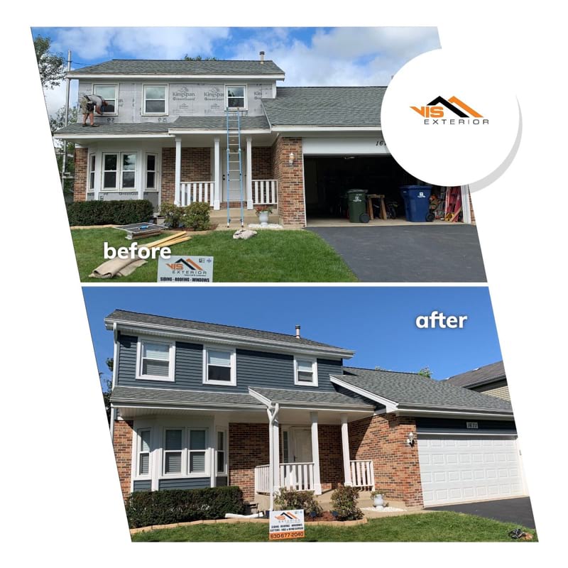 Full exterior remodeling vinyl siding installation shingle roof replacement in Naperville project photo 1