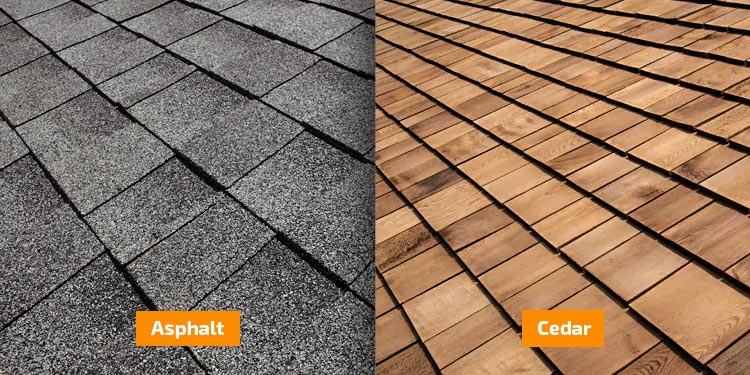 Cedar and asphalt shingles roofing materials