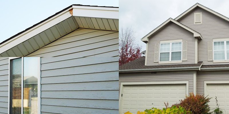 Комбинация фотографий винилового дома, показывающая внешние повреждения до и после замены сайдинга