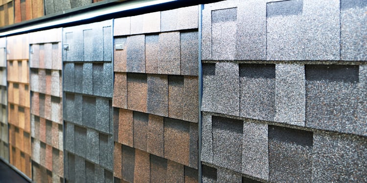 Architectural roofing shingle tiles on display in store