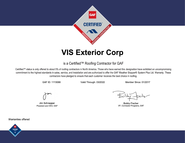 VIS Exterior is certified roofing contractor for GAF