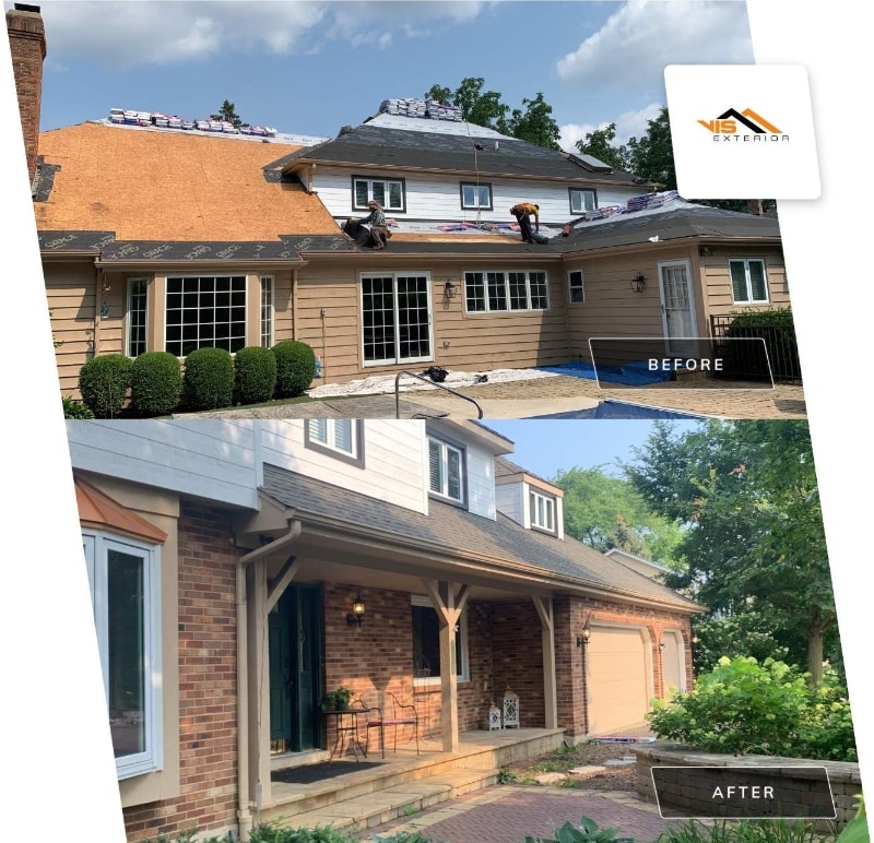Cedar siding installation and GAF shingle roofing in Downers Grove before after project photo