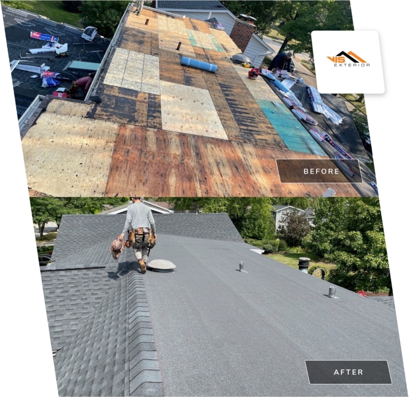 Complete roof replacement installing GAF Timberline HDZ shingles in Downers Grove before after project photo
