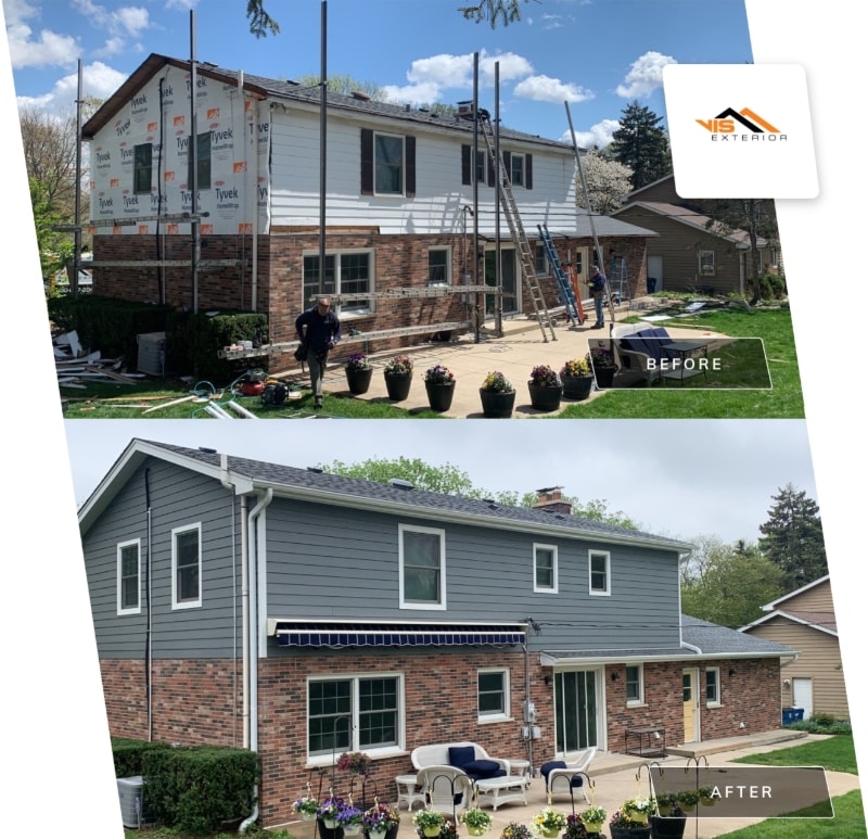 LP SmartSide siding, Atlas Pinnacle shingle roofing and guttering in Hinsdale before after project photo