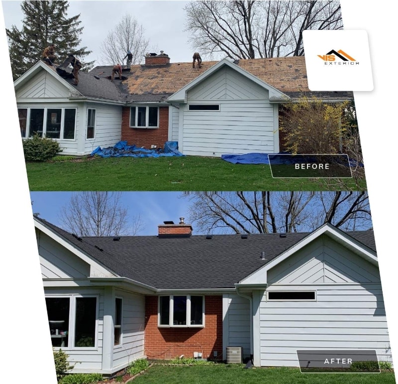 GAF Timberline HDZ shingles roof installation and gutters replacement in Glen Ellyn before after project photo