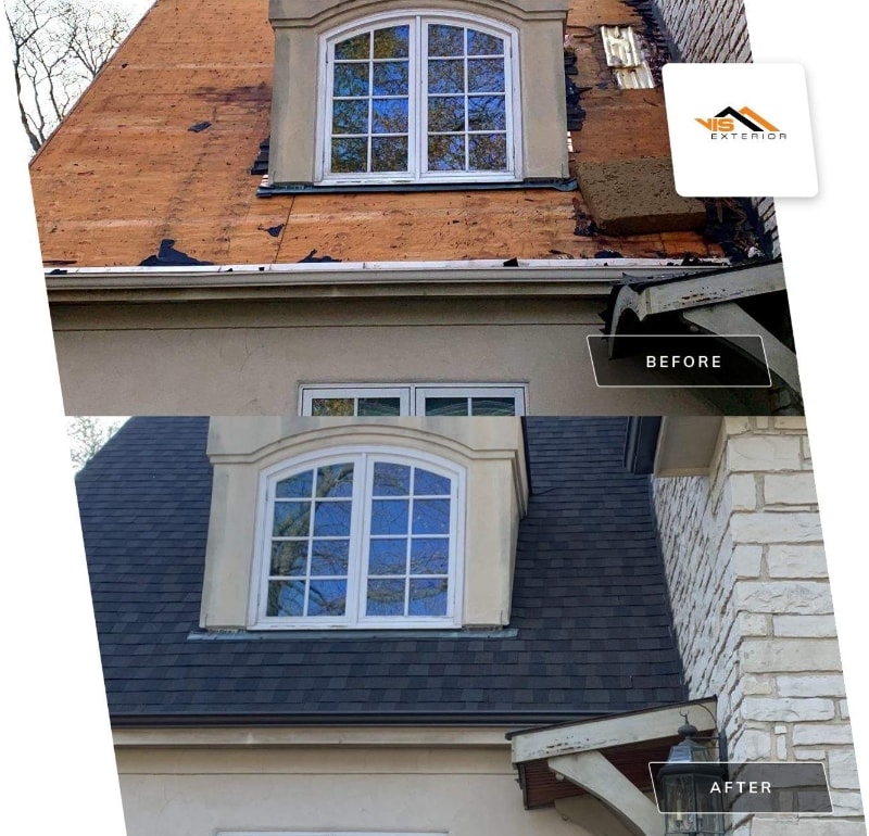 GAF Timberline American Harvest shingles roof installation and gutters replacement in Hinsdale before after project photo