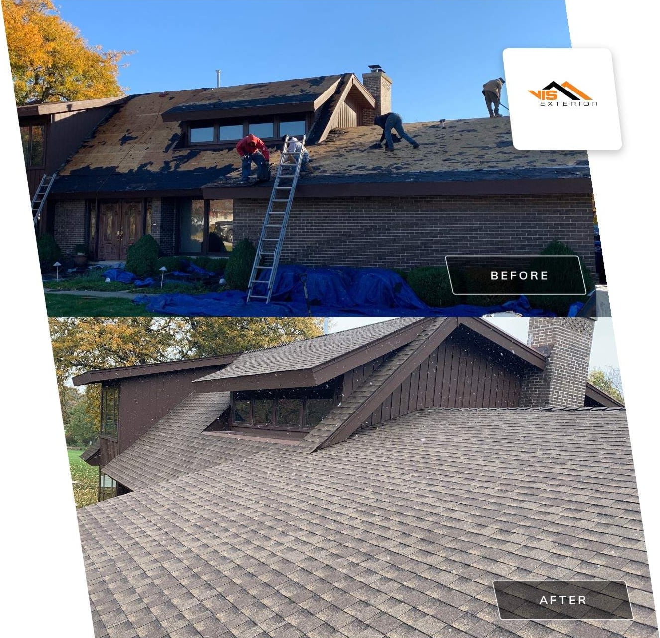 GAF shingle roof installation and guttering in Darien before after project photo