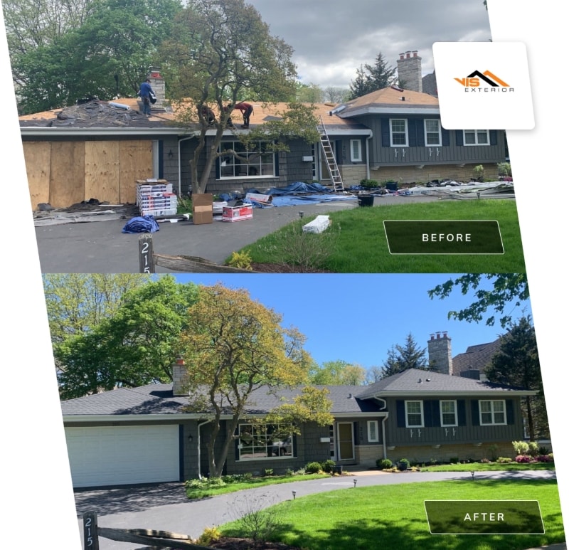 Leaking roof and gutters replacement, GAF Timberline HDZ shingle roof installation in Clarendon Hills before after project photo