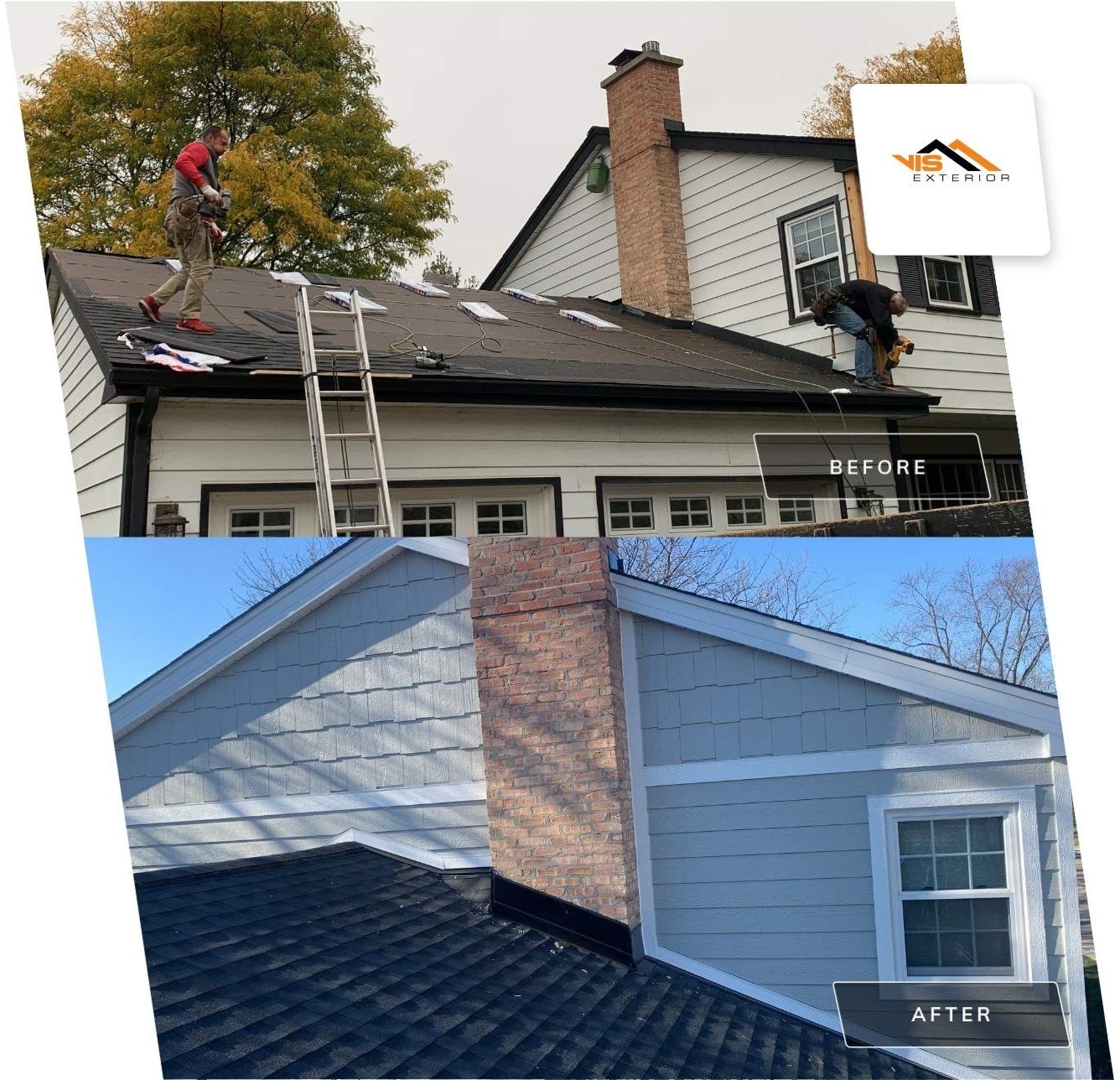 LP SmartSide Shake siding and GAF shingle roof installation in Hinsdale before after project photo