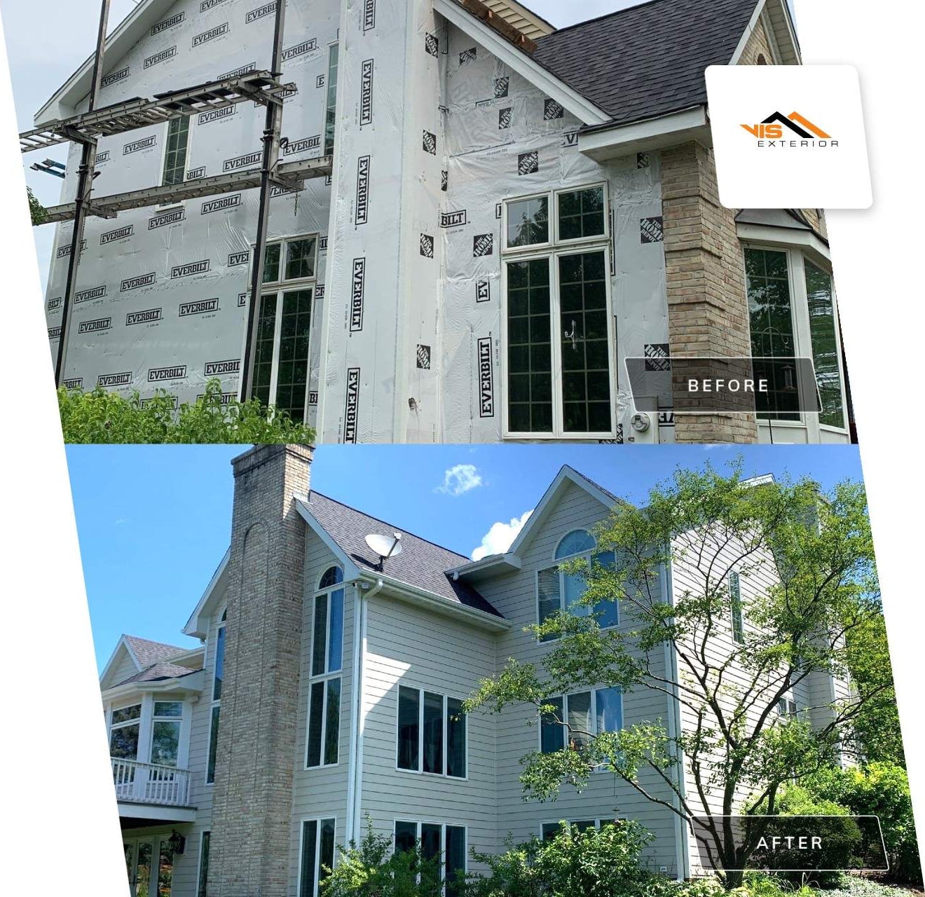 LP SmartSide ExpertFinish siding installation and guttering in St. Charles before after project photo