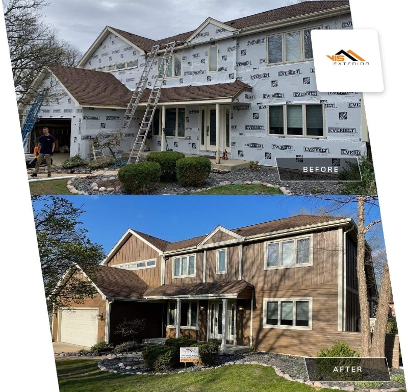 High quality LP SmartSide siding installation and gutters replacement in Downers Grovebefore after project photo