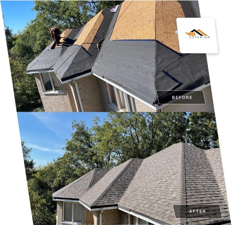 Old roof replacement installing Owens Corning architectural shingles and new gutters in Homer Glen before after project photo