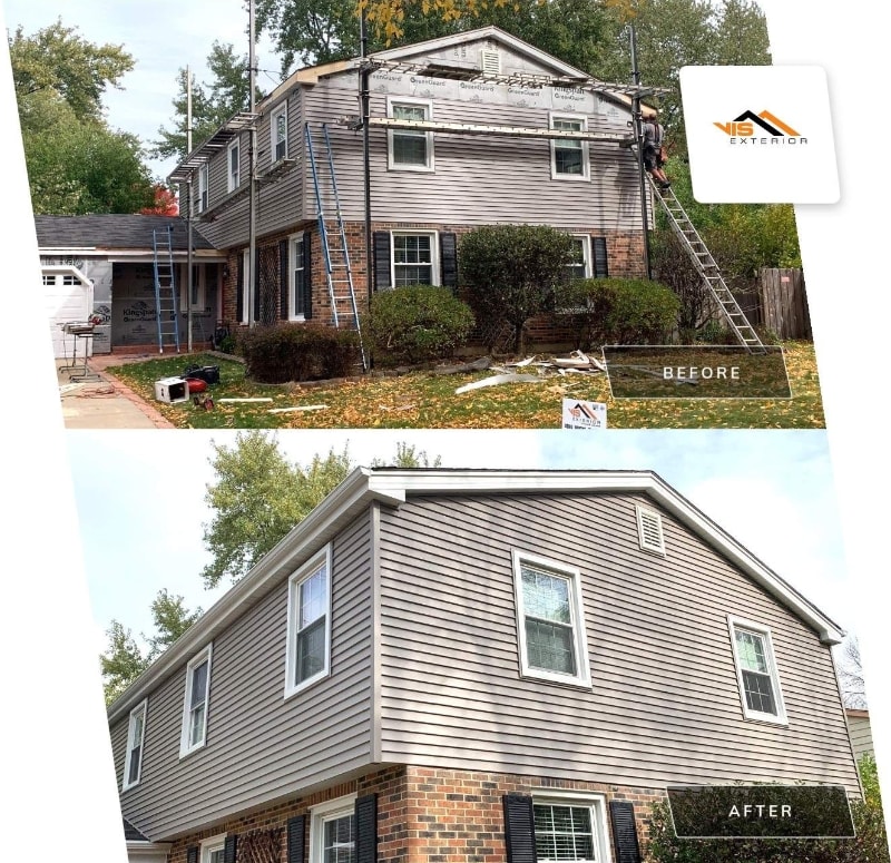 Royal Estate vinyl siding installation, windows and gutters installation in Naperville before after project photo