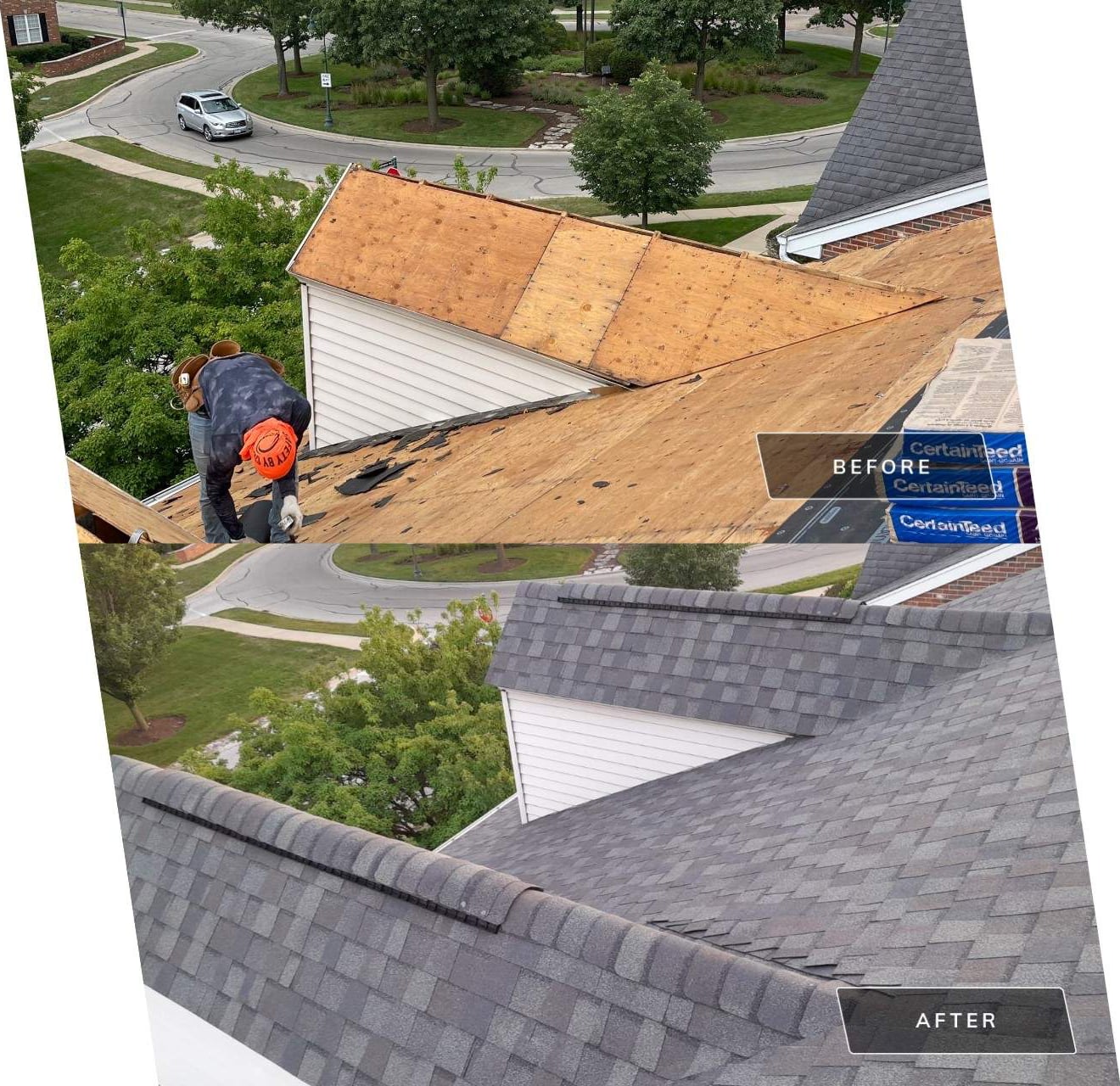 Roof inspection and shingle roofing after hail damage in Geneva before after project photo