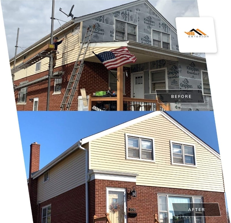 Complete vinyl siding and GAF shingle roof replacement after hail damage in Lombard before after project photo