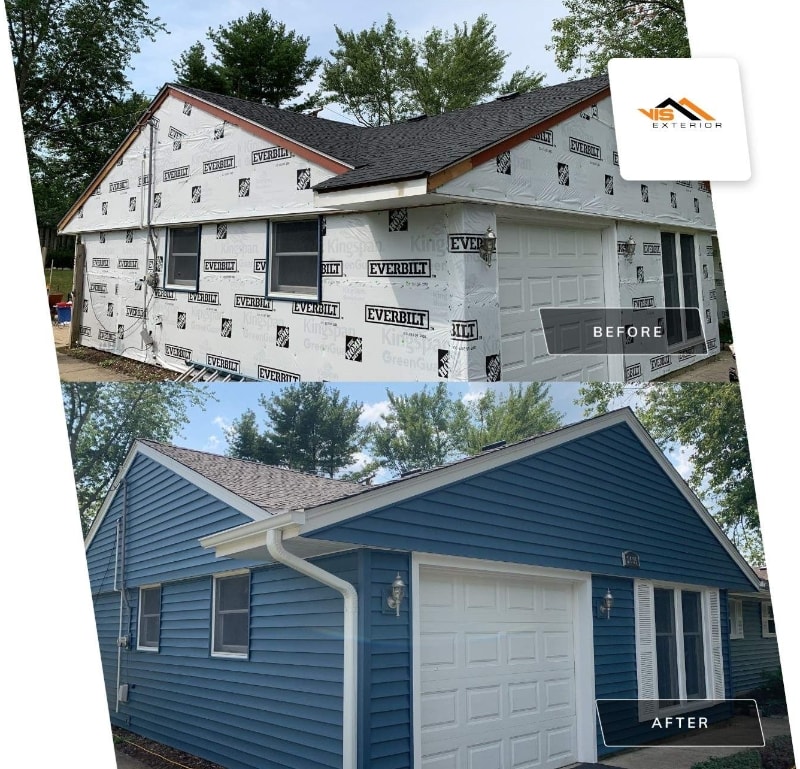 Vinyl siding and shingle roof replacement after hail damage in Woodridge before after project photo